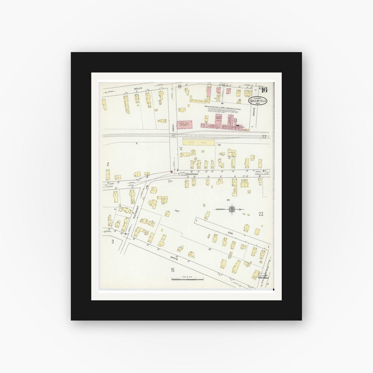 Old map wall art mockup — black gallery frame with white mat — Sanborn Fire Insurance Map from Greenfield, Franklin County, Massachusetts (1914), Sheet #0016