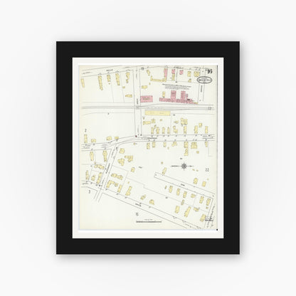 Old map wall art mockup — black gallery frame with white mat — Sanborn Fire Insurance Map from Greenfield, Franklin County, Massachusetts (1914), Sheet #0016