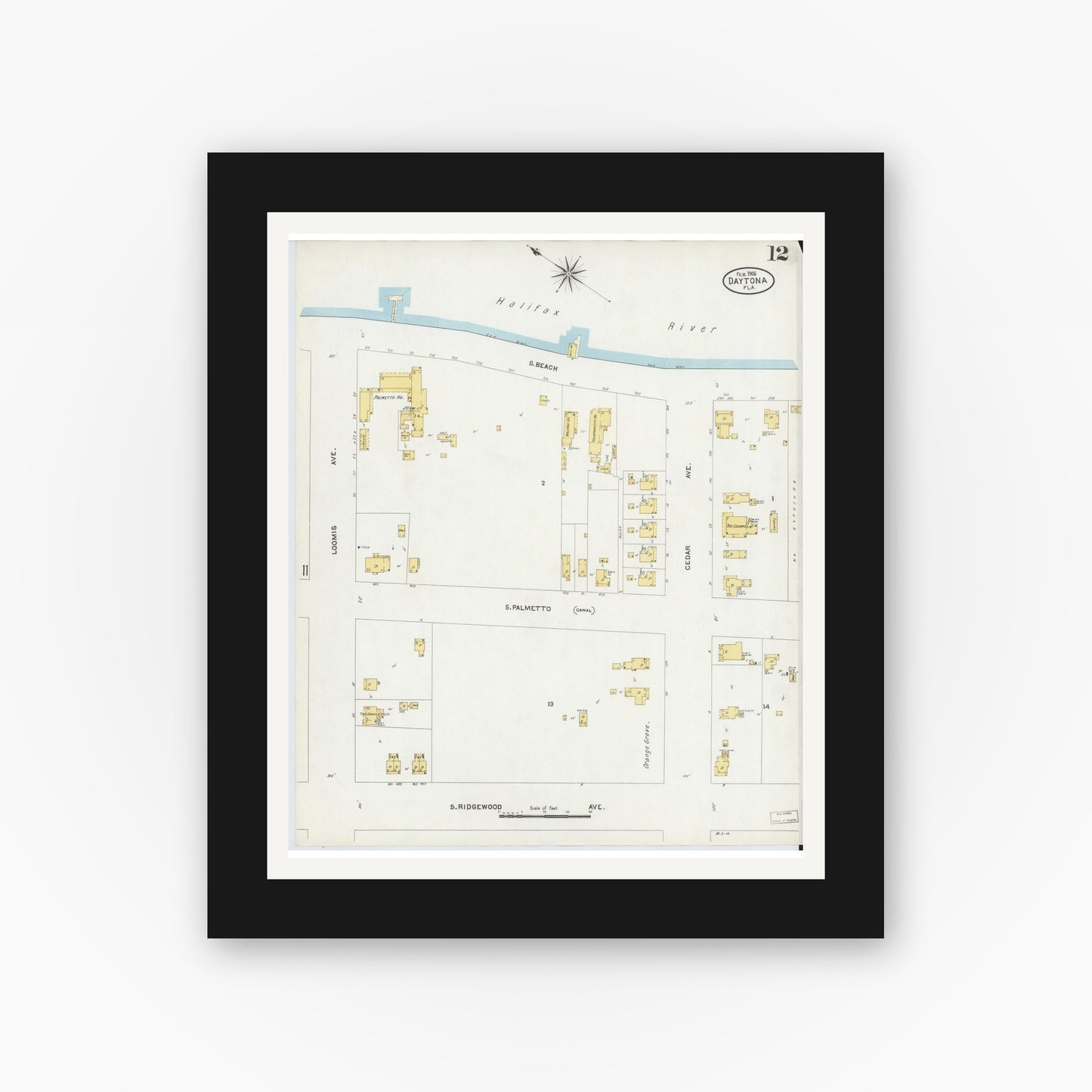 Old map wall art mockup — black gallery frame with white mat — Sanborn Fire Insurance Map from Daytona, Volusia County, Florida (1906), Sheet #0012