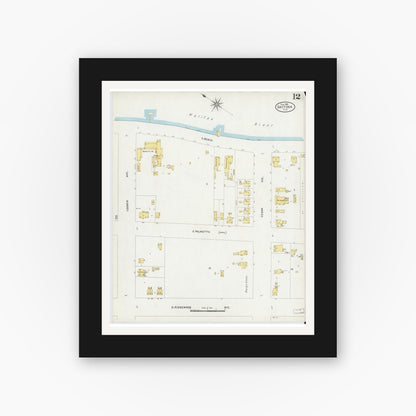 Old map wall art mockup — black gallery frame with white mat — Sanborn Fire Insurance Map from Daytona, Volusia County, Florida (1906), Sheet #0012