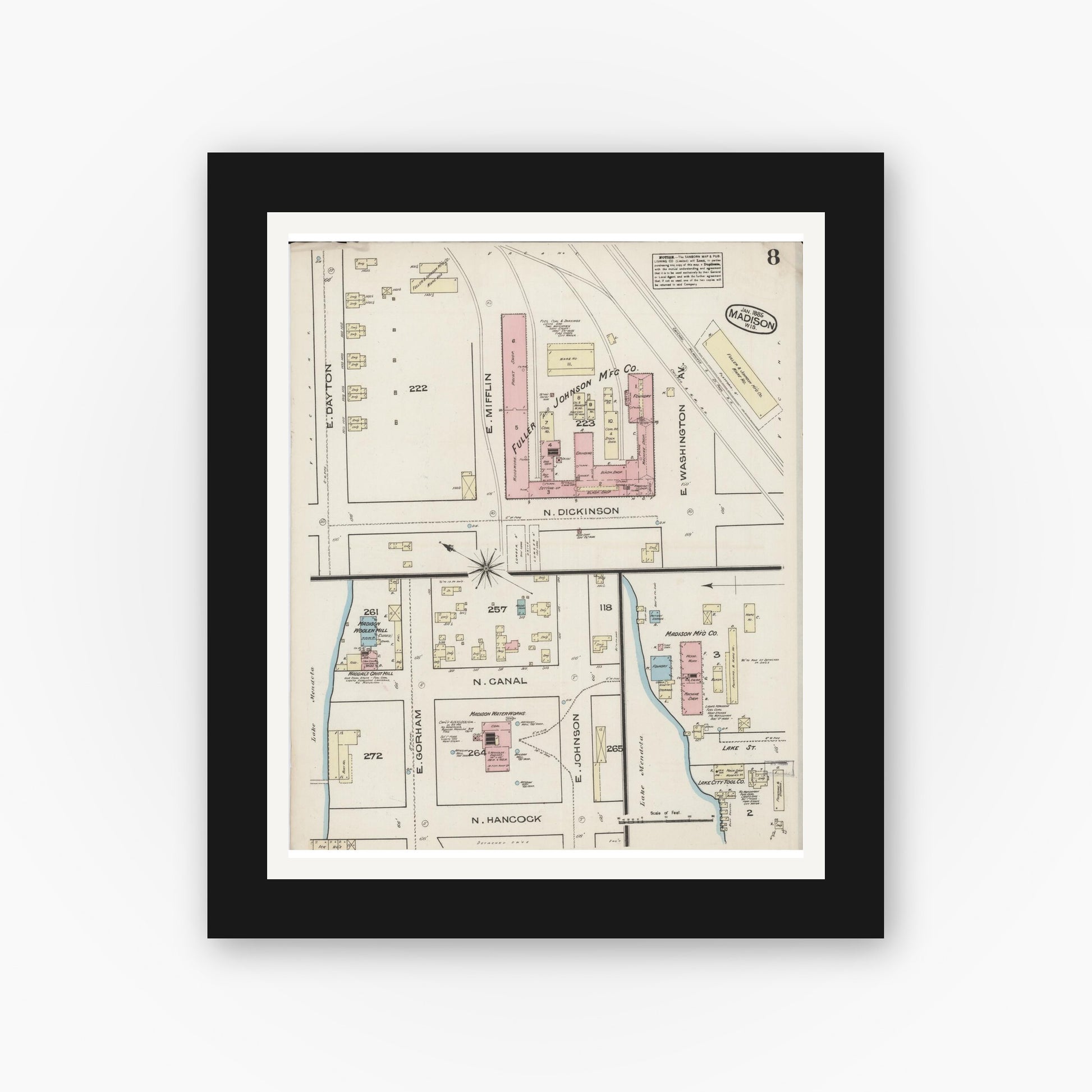 Old map wall art mockup — black gallery frame with white mat — Sanborn Fire Insurance Map from Madison, Dane County, Wisconsin (1885), Sheet #0008