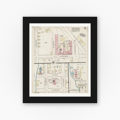 Old map wall art mockup — black gallery frame with white mat — Sanborn Fire Insurance Map from Madison, Dane County, Wisconsin (1885), Sheet #0008