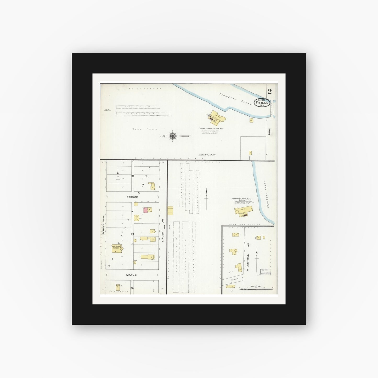 Old map wall art mockup — black gallery frame with white mat — Sanborn Fire Insurance Map from Fifield, Price County, Wisconsin (1909), Sheet #0002