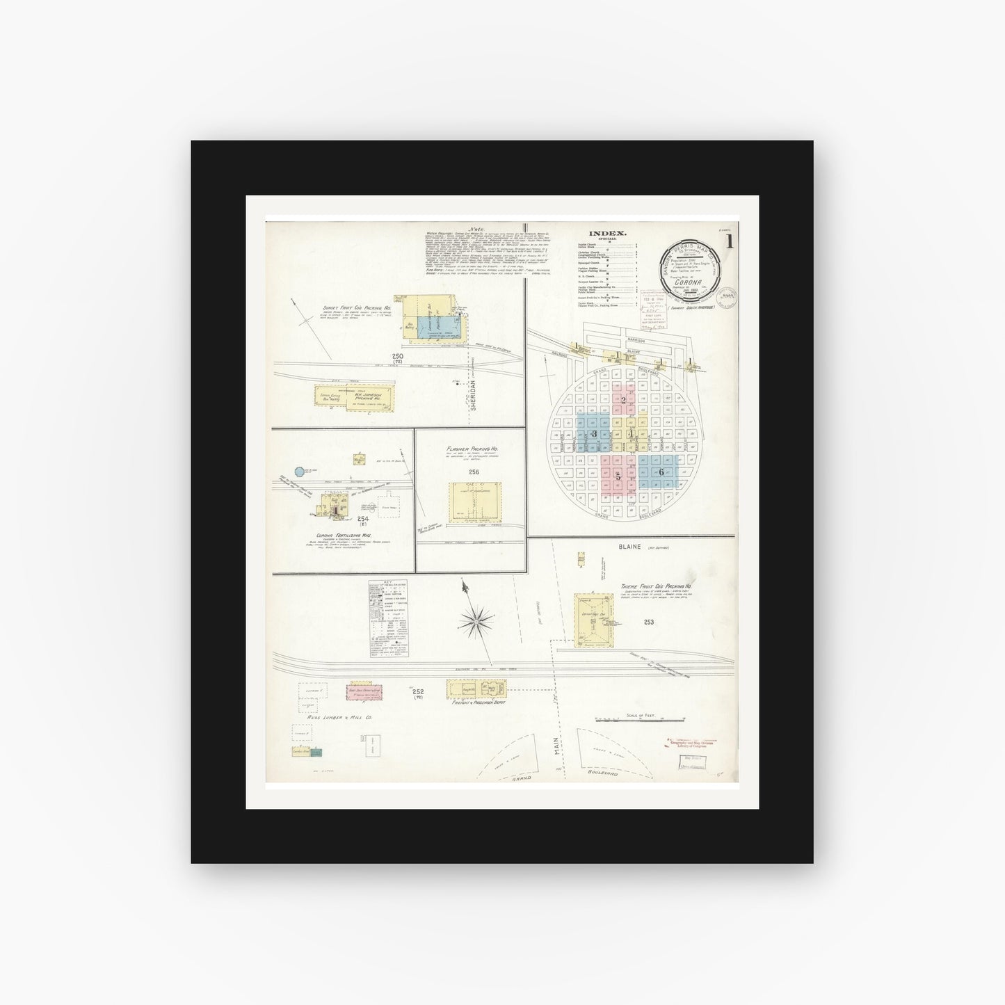Old map wall art mockup — black gallery frame with white mat — Sanborn Fire Insurance Map from Corona, Riverside County, California (1900) - Complete Map Set
