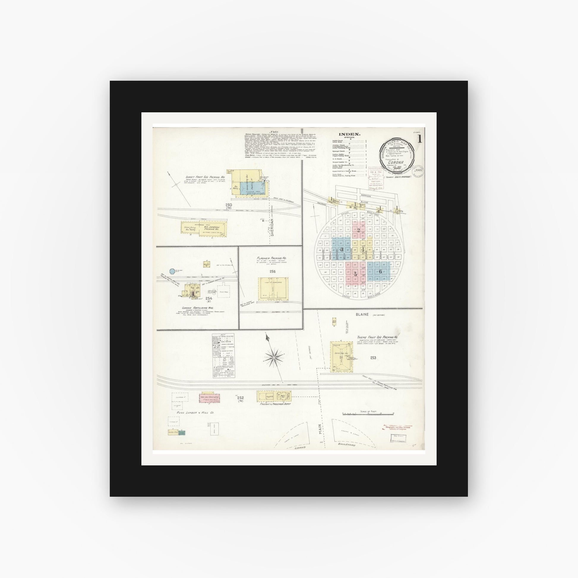 Old map wall art mockup — black gallery frame with white mat — Sanborn Fire Insurance Map from Corona, Riverside County, California (1900) - Complete Map Set