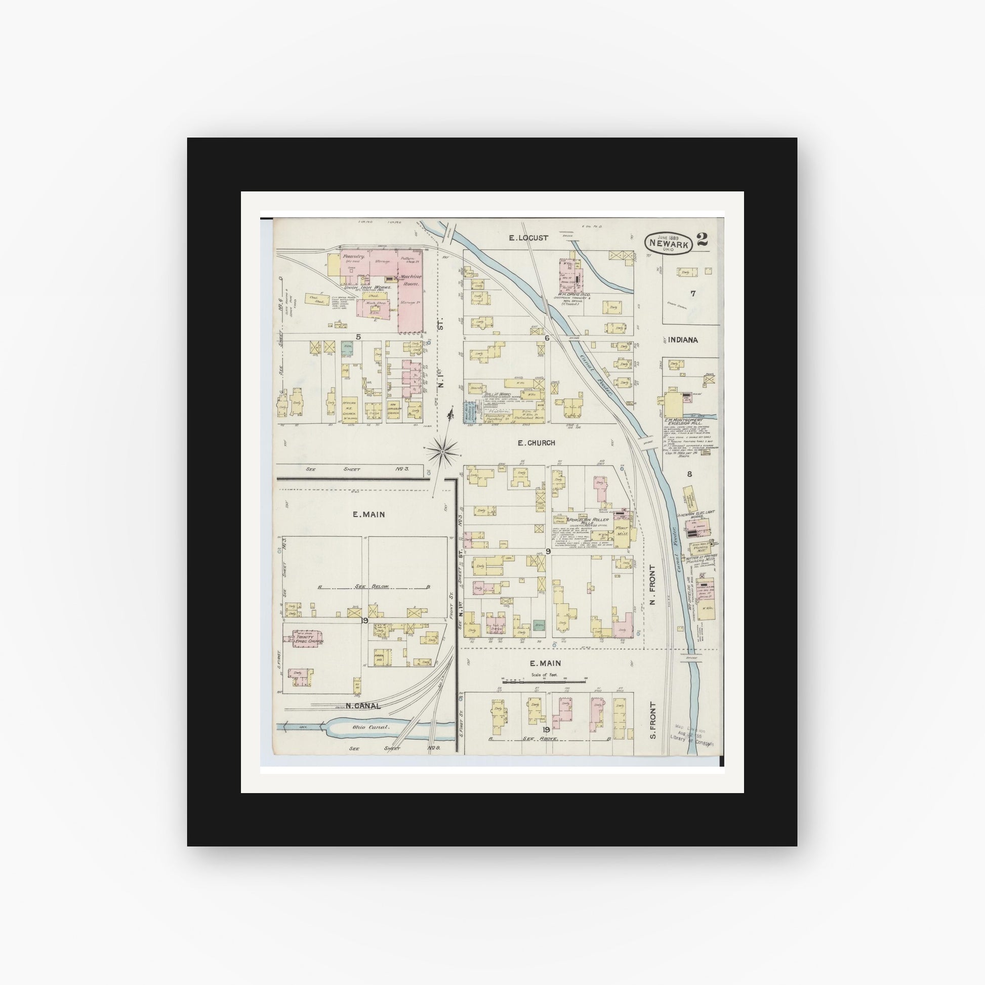 Old map wall art mockup — black gallery frame with white mat — Sanborn Fire Insurance Map from Newark, Licking County, Ohio (1889), Sheet #0002