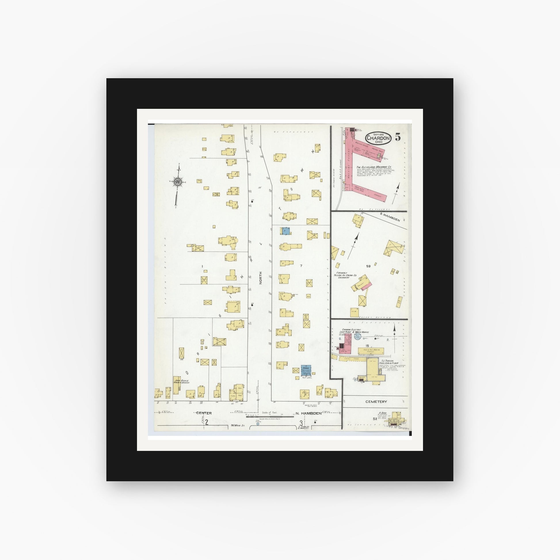 Old map wall art mockup — black gallery frame with white mat — Sanborn Fire Insurance Map from Chardon, Geauga County, Ohio (1918), Sheet #0005