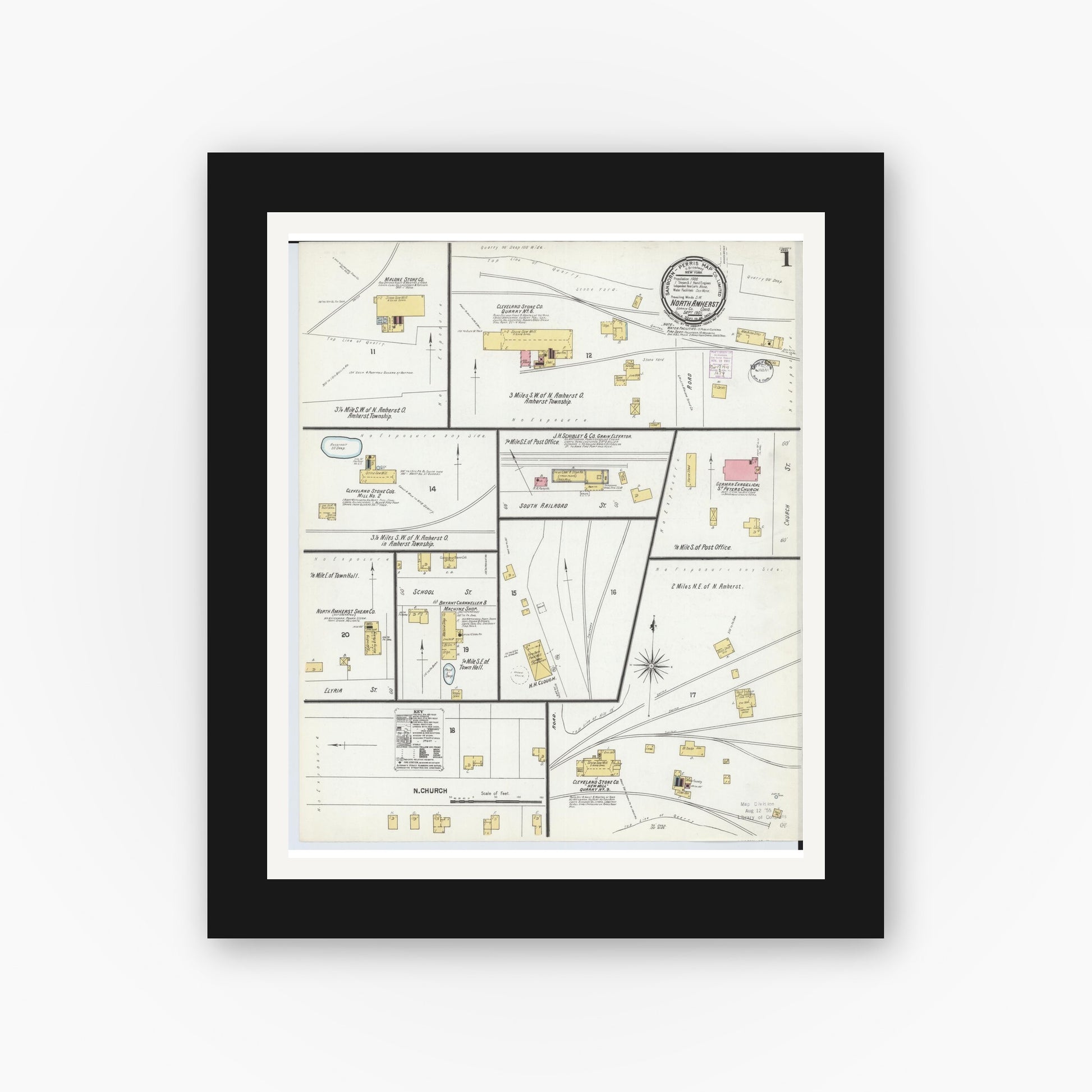 Old map wall art mockup — black gallery frame with white mat — Sanborn Fire Insurance Map from North Amherst, Lorain County, Ohio (1901) - Complete Map Set