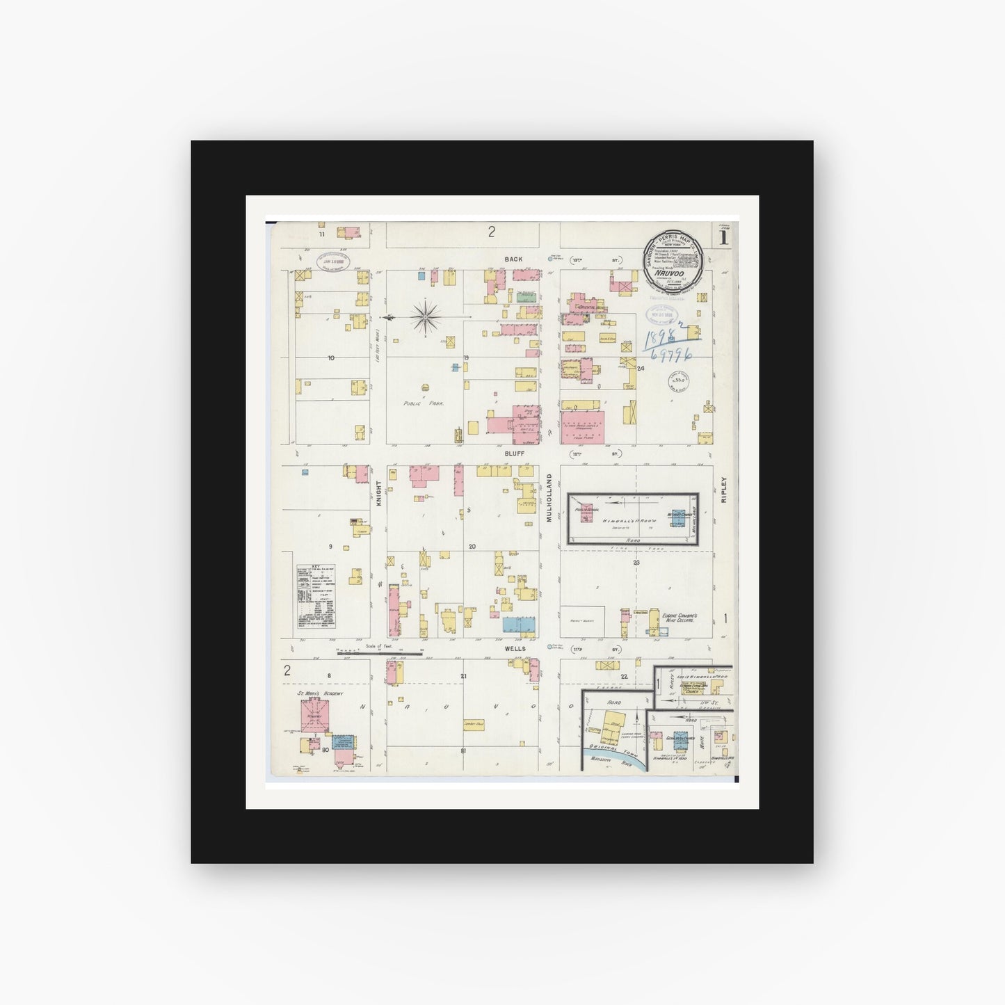 Old map wall art mockup — black gallery frame with white mat — Sanborn Fire Insurance Map from Nauvoo, Hancock County, Illinois (1898) - Complete Map Set