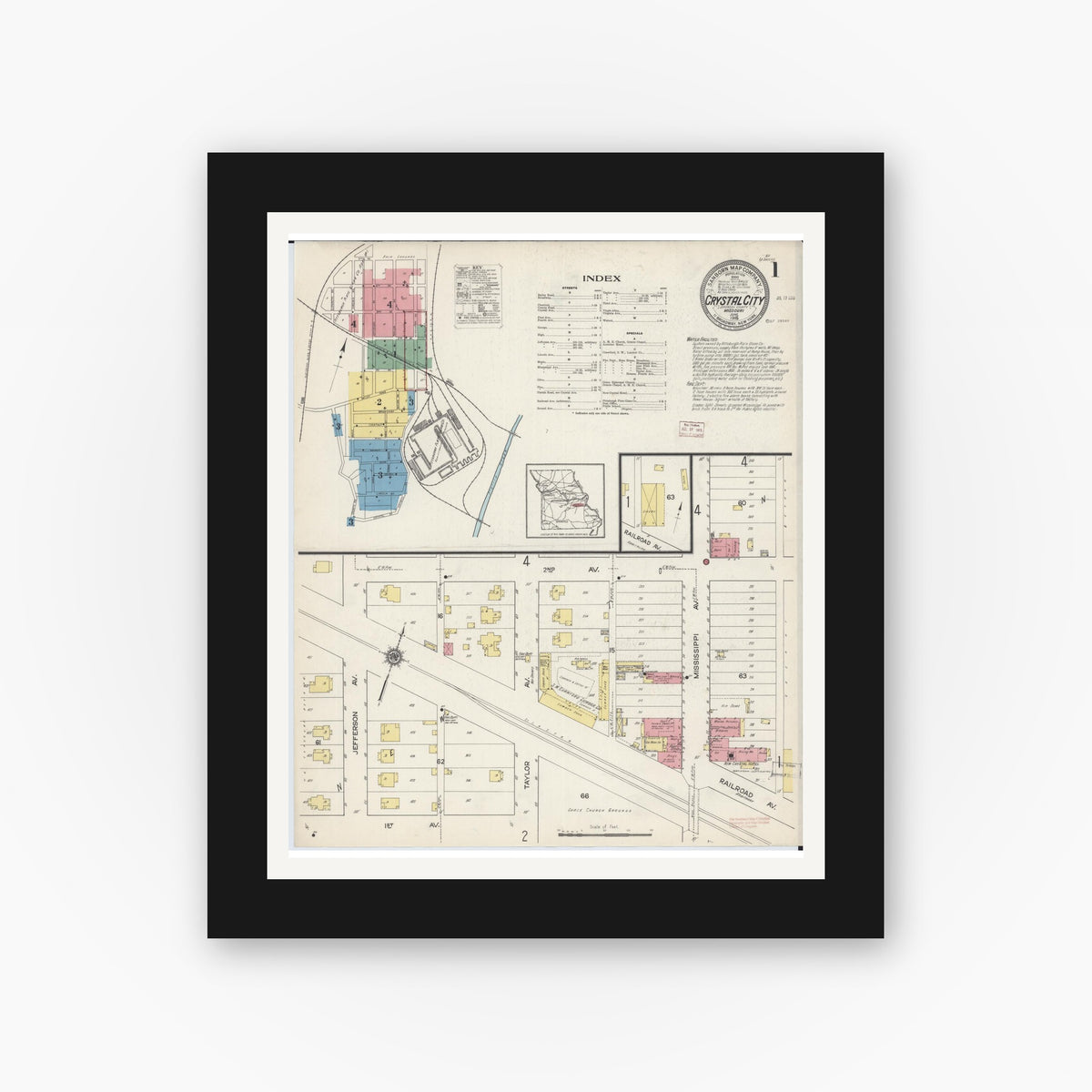 Old map wall art mockup — black gallery frame with white mat — Sanborn Fire Insurance Map from Crystal City, Jefferson County, Missouri (1915) - Complete Map Set