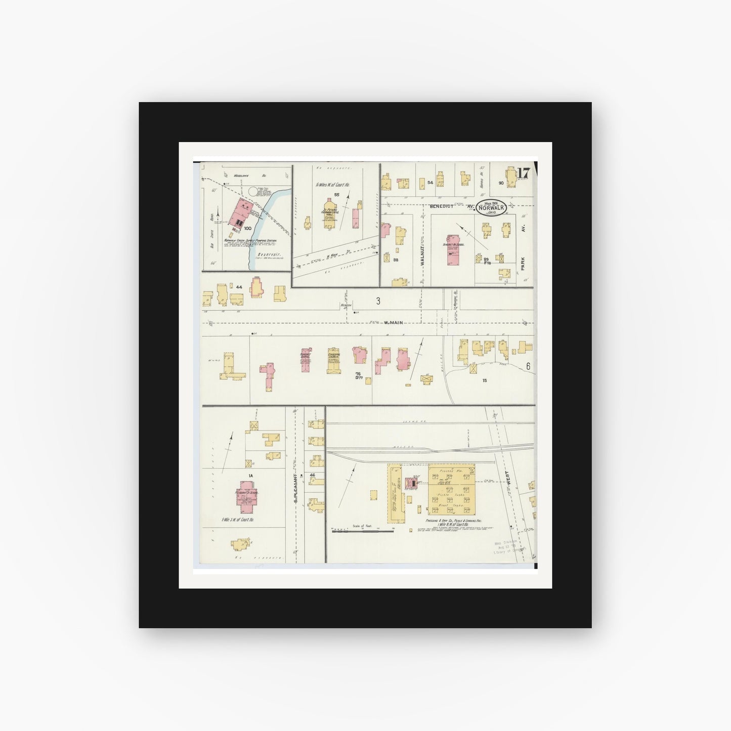 Old map wall art mockup — black gallery frame with white mat — Sanborn Fire Insurance Map from Norwalk, Huron County, Ohio (1906), Sheet #0017
