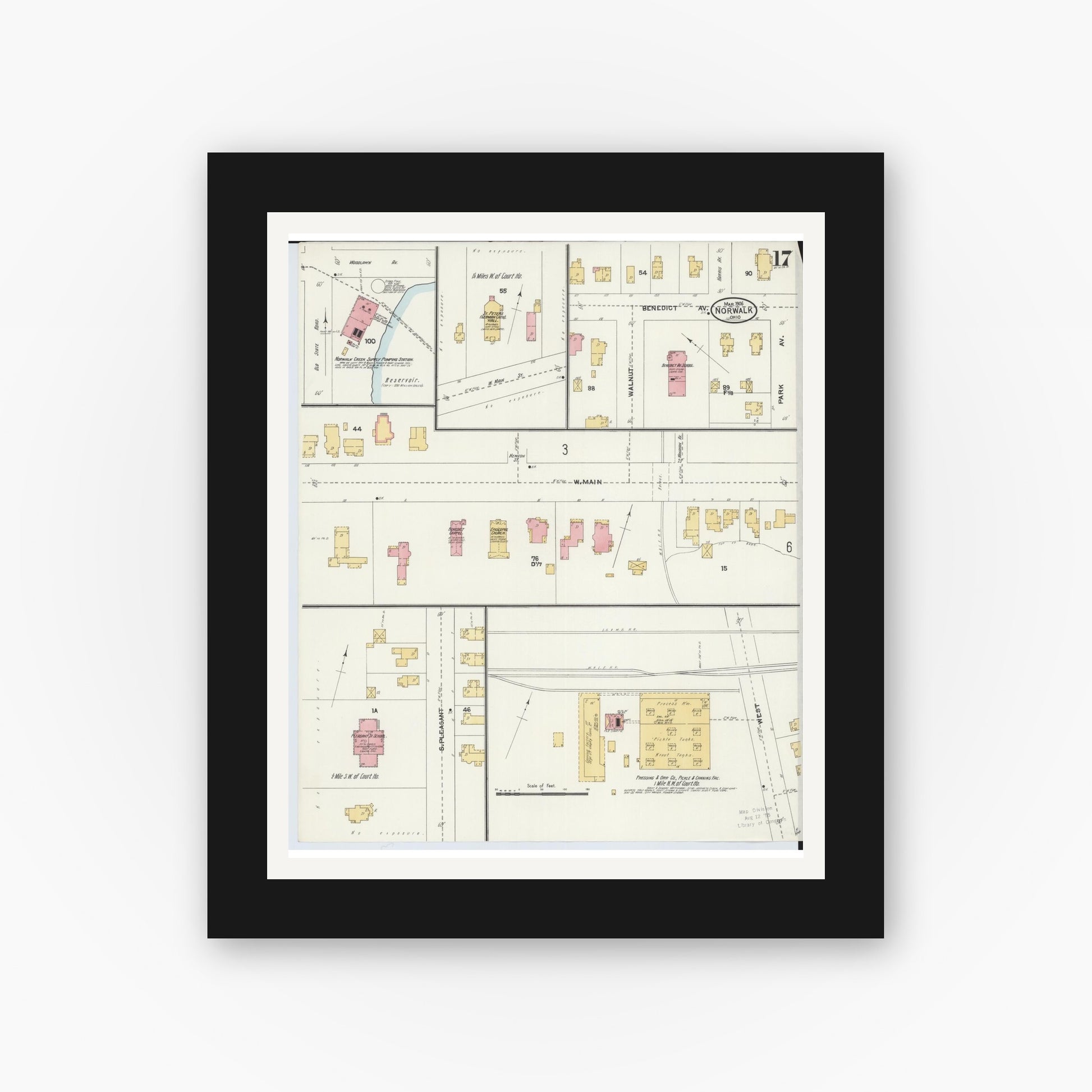 Old map wall art mockup — black gallery frame with white mat — Sanborn Fire Insurance Map from Norwalk, Huron County, Ohio (1906), Sheet #0017