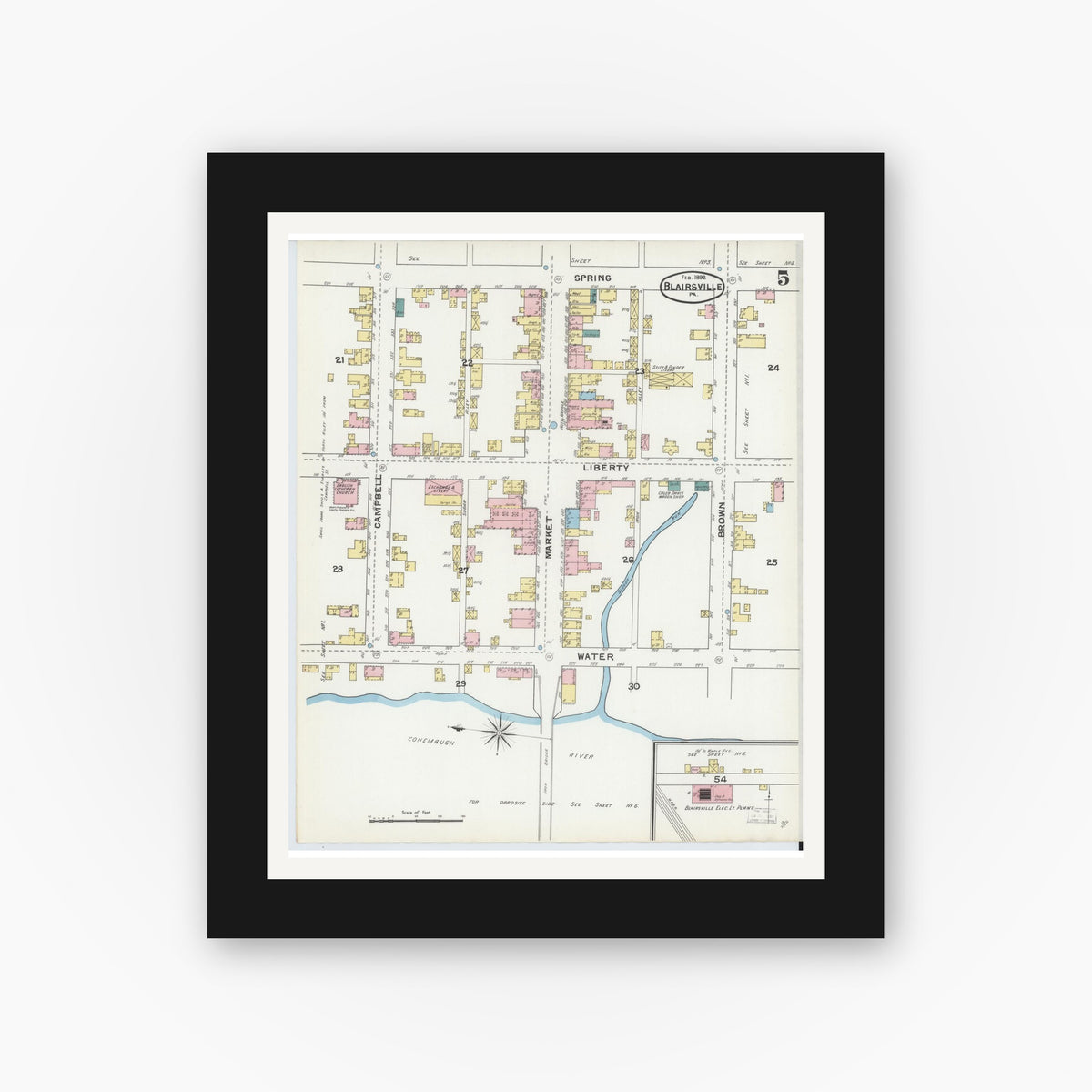 Old map wall art mockup — black gallery frame with white mat — Sanborn Fire Insurance Map from Blairsville, Indiana County, Pennsylvania (1892), Sheet #0005