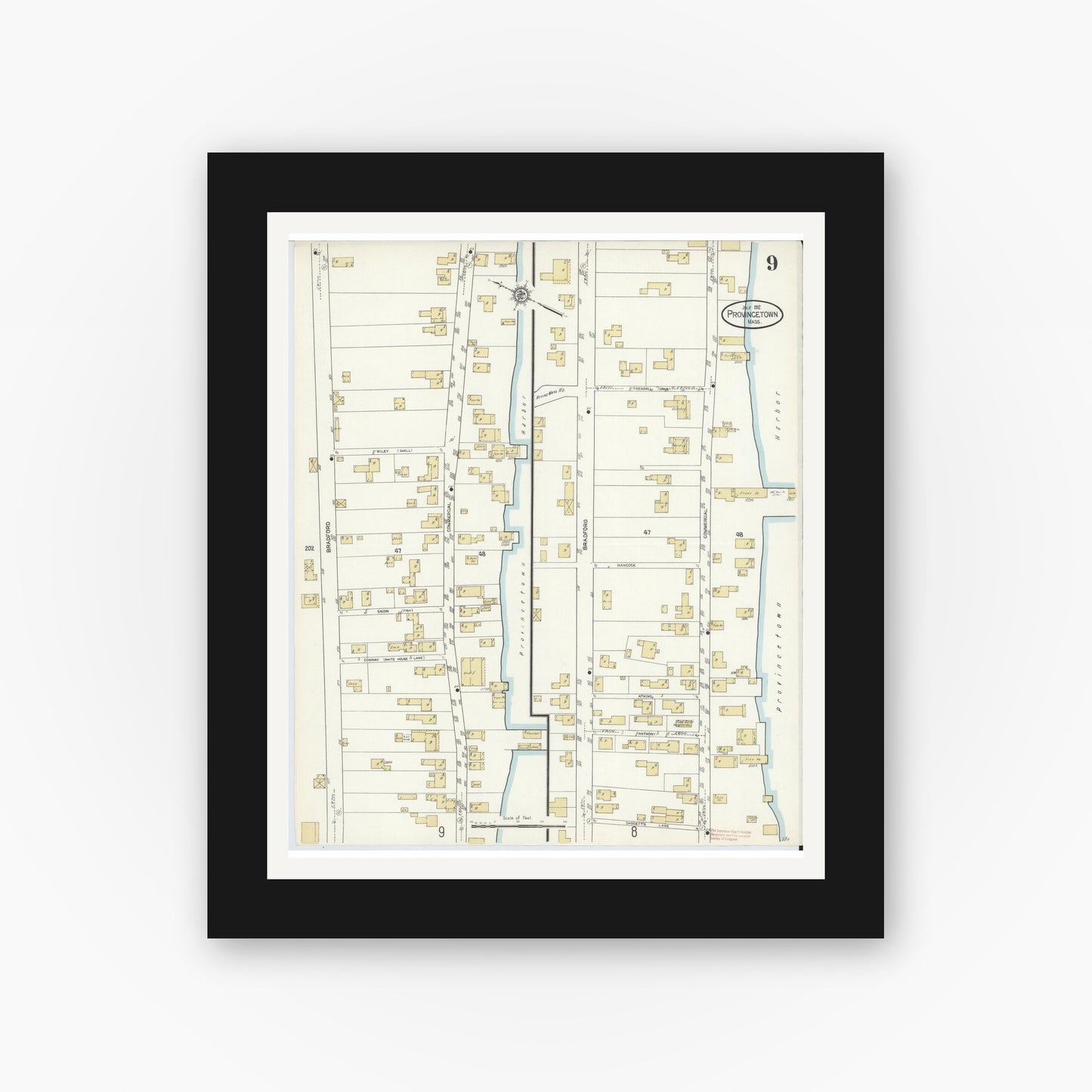 Old map wall art mockup — black gallery frame with white mat — Sanborn Fire Insurance Map from Provincetown, Barnstable County, Massachusetts (1912), Sheet #0009