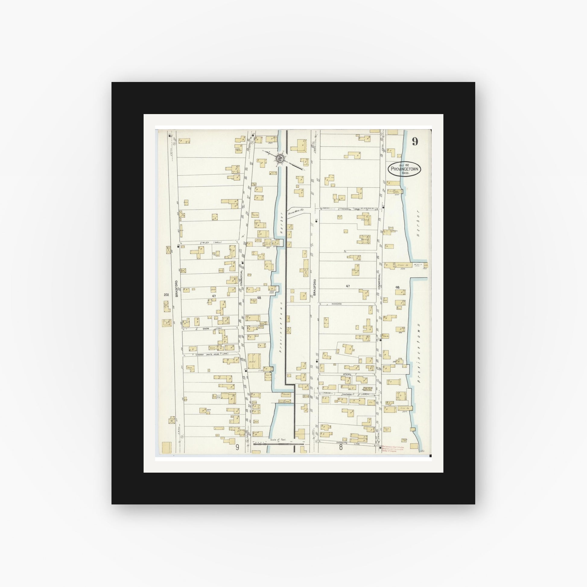 Old map wall art mockup — black gallery frame with white mat — Sanborn Fire Insurance Map from Provincetown, Barnstable County, Massachusetts (1912), Sheet #0009