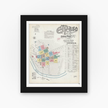 Old map wall art mockup — black gallery frame with white mat — Sanborn Fire Insurance Map from El Paso, El Paso County, Texas (1893), Sheet #0001