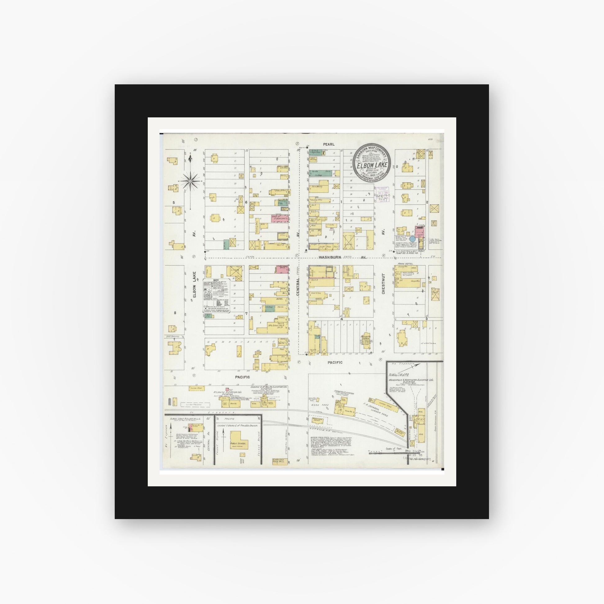 Old map wall art mockup — black gallery frame with white mat — Sanborn Fire Insurance Map from Elbow Lake, Grant County, Minnesota (1903), Sheet #0001