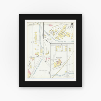 Old map wall art mockup — black gallery frame with white mat — Sanborn Fire Insurance Map from Washington, Washington County, Pennsylvania (1896), Sheet #0013