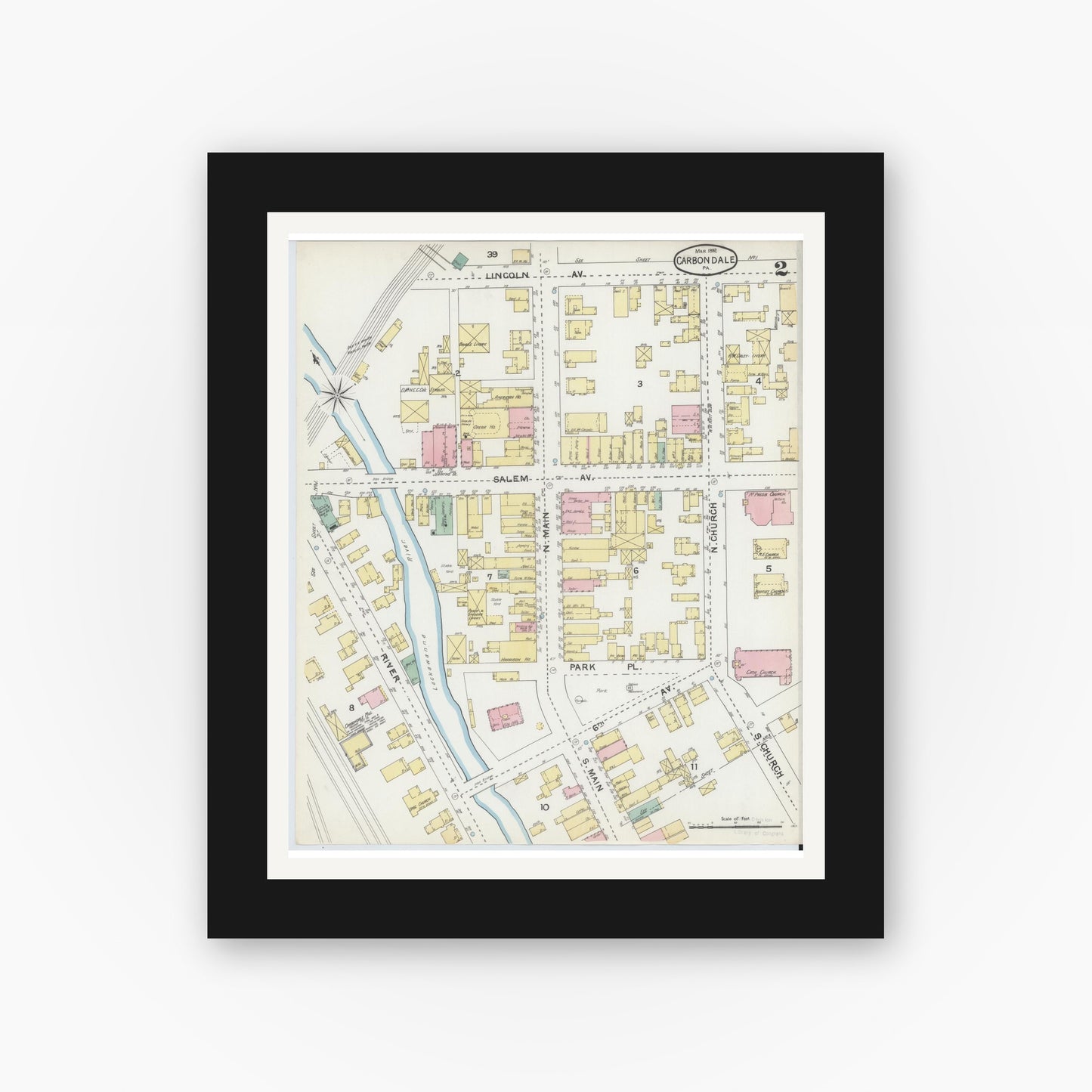 Old map wall art mockup — black gallery frame with white mat — Sanborn Fire Insurance Map from Carbondale, Lackawanna County, Pennsylvania (1892), Sheet #0002