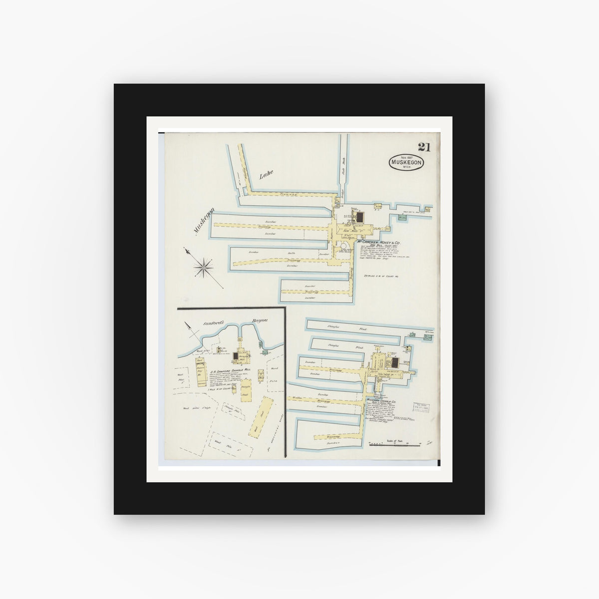 Old map wall art mockup — black gallery frame with white mat — Sanborn Fire Insurance Map from Muskegon, Muskegon County, Michigan (1887), Sheet #0021