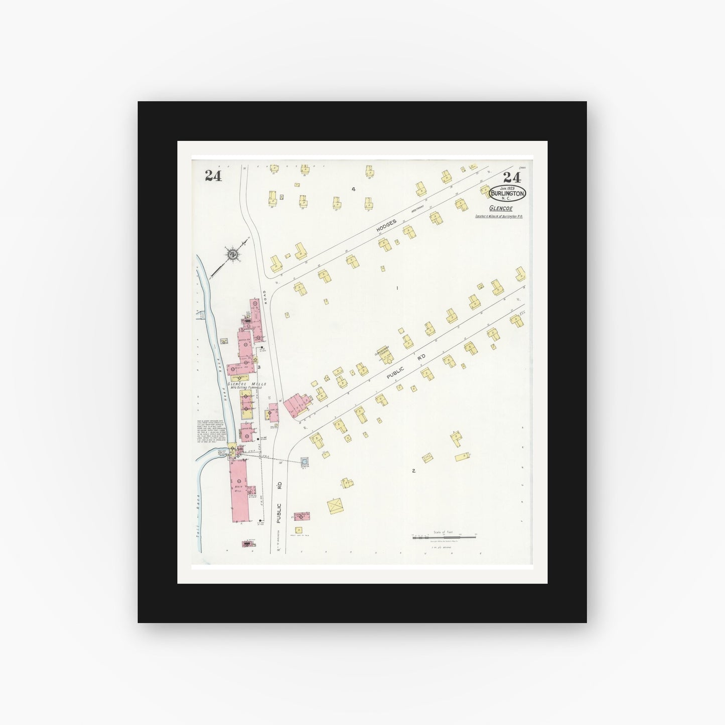 Old map wall art mockup — black gallery frame with white mat — Sanborn Fire Insurance Map from Burlington, Alamance County, North Carolina (1929), Sheet #0024
