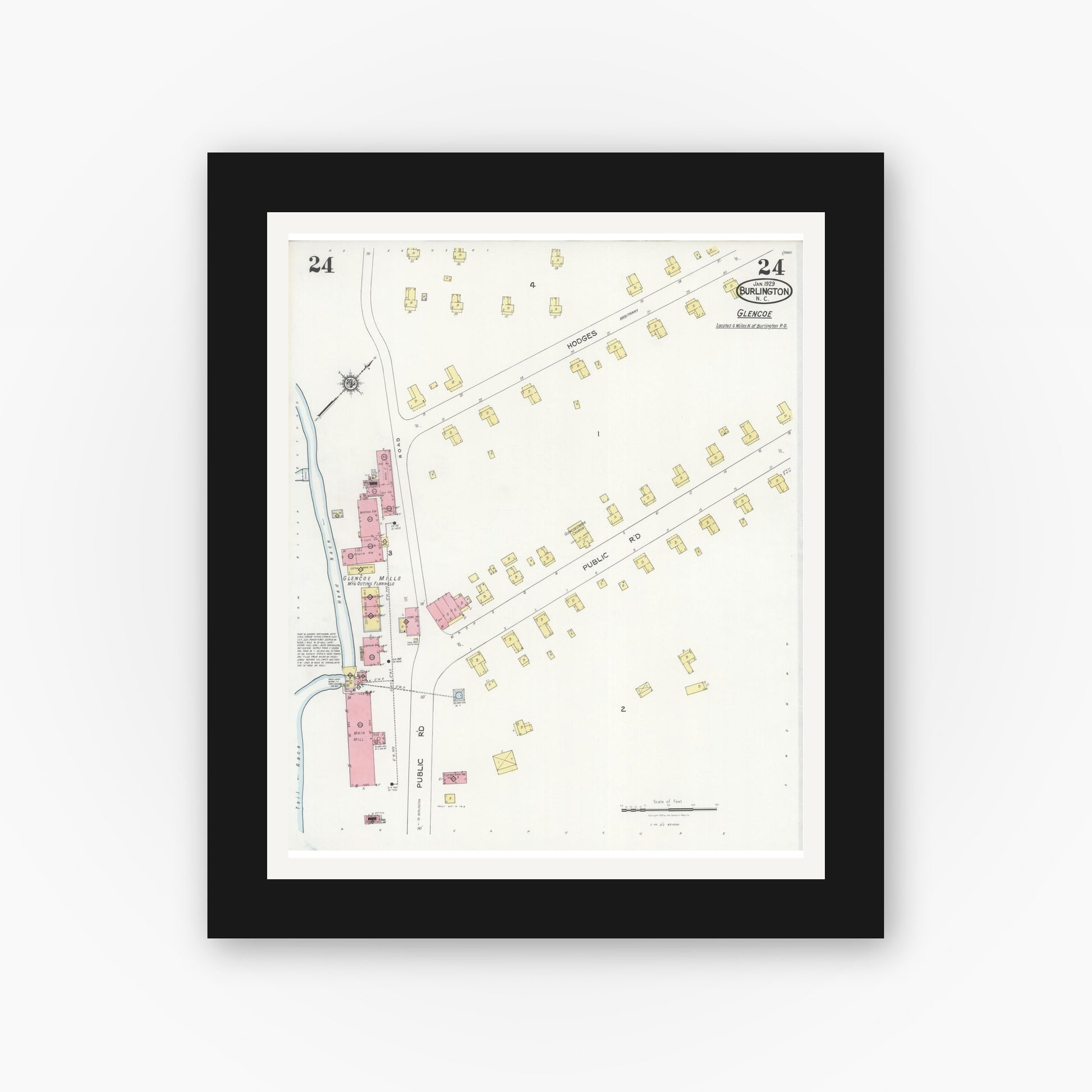 Old map wall art mockup — black gallery frame with white mat — Sanborn Fire Insurance Map from Burlington, Alamance County, North Carolina (1929), Sheet #0024