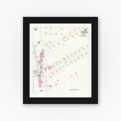Old map wall art mockup — black gallery frame with white mat — Sanborn Fire Insurance Map from Burlington, Alamance County, North Carolina (1929), Sheet #0024