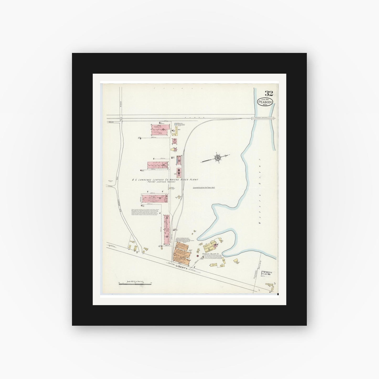Old map wall art mockup — black gallery frame with white mat — Sanborn Fire Insurance Map from Peabody, Essex County, Massachusetts (1914), Sheet #0032