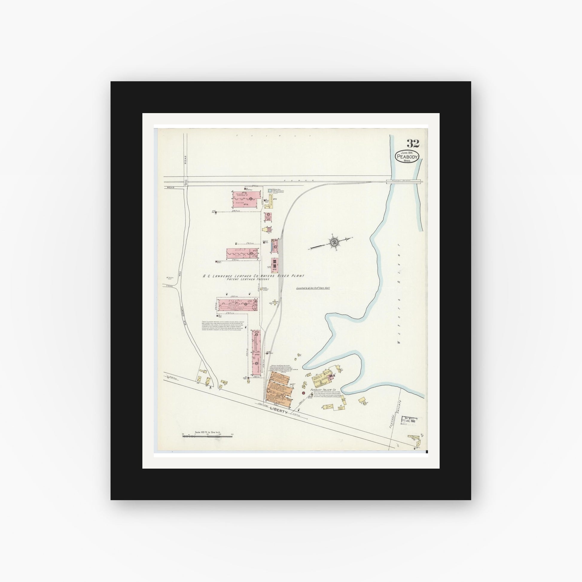 Old map wall art mockup — black gallery frame with white mat — Sanborn Fire Insurance Map from Peabody, Essex County, Massachusetts (1914), Sheet #0032