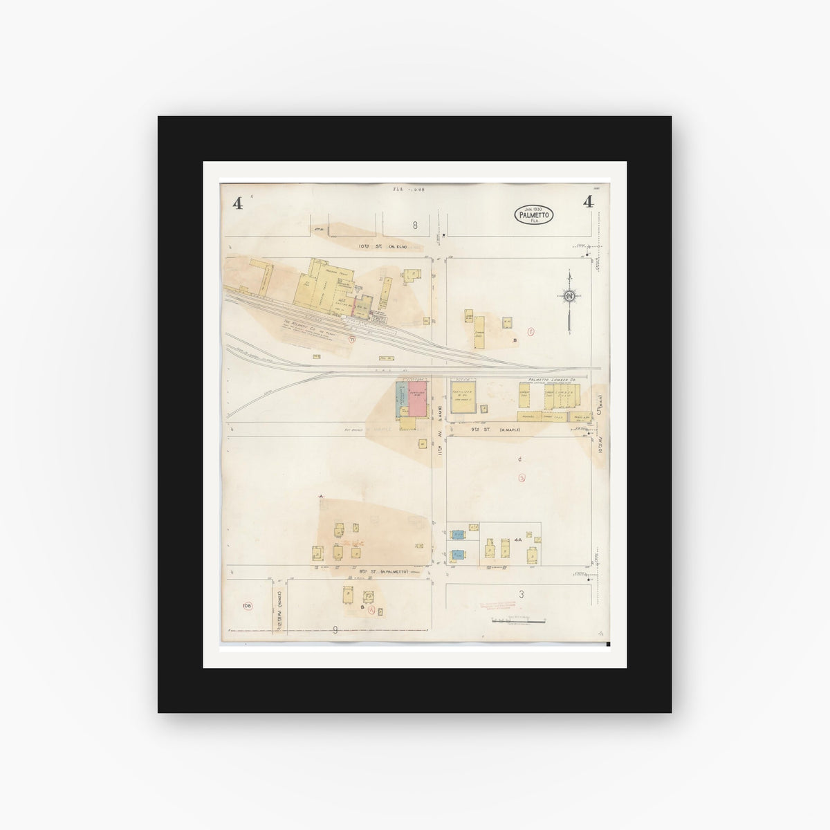 Old map wall art mockup — black gallery frame with white mat — Sanborn Fire Insurance Map from Palmetto, Manatee County, Florida (1944), Sheet #0004