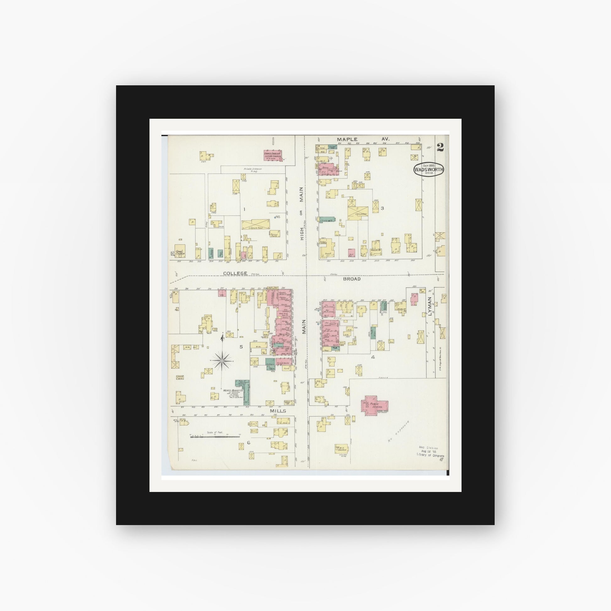 Old map wall art mockup — black gallery frame with white mat — Sanborn Fire Insurance Map from Wadsworth, Medina County, Ohio (1893), Sheet #0002