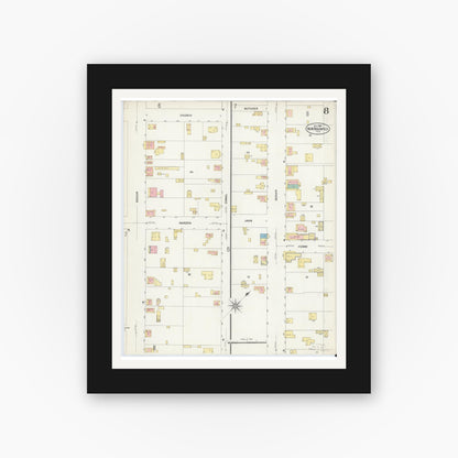 Old map wall art mockup — black gallery frame with white mat — Sanborn Fire Insurance Map from New Braunfels, Comal County, Texas (1907), Sheet #0008
