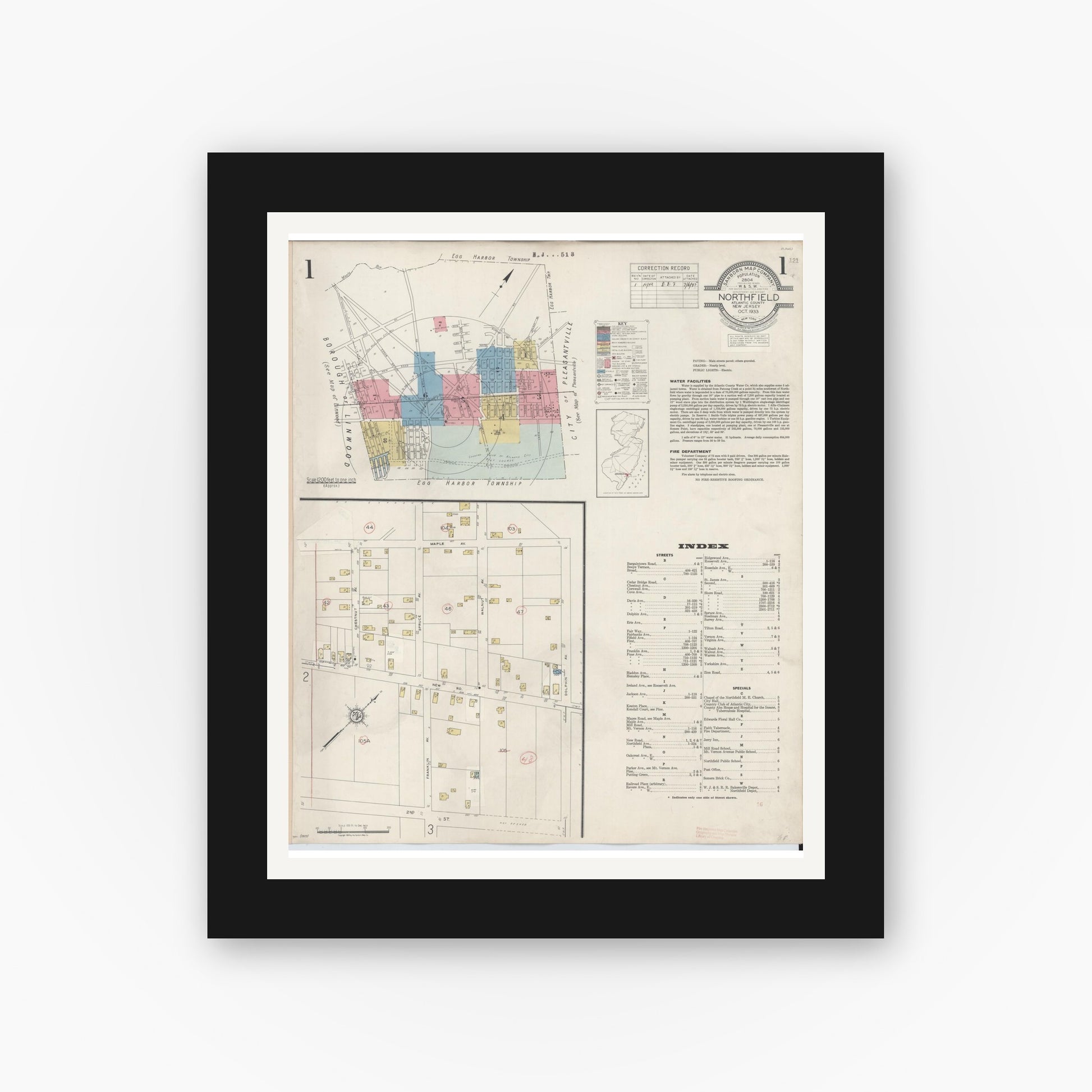 Old map wall art mockup — black gallery frame with white mat — Sanborn Fire Insurance Map from Northfield, Atlantic County, New Jersey (1942) - Complete Map Set