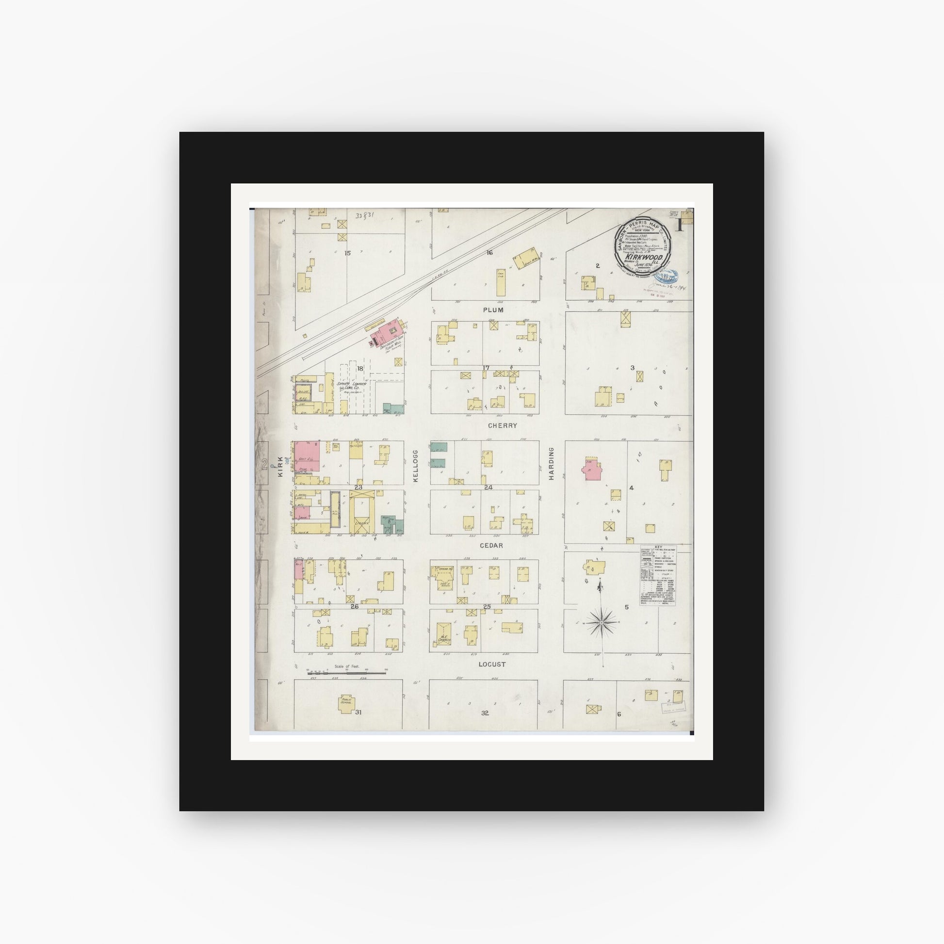 Old map wall art mockup — black gallery frame with white mat — Sanborn Fire Insurance Map from Kirkwood, Warren County, Illinois (1894) - Complete Map Set
