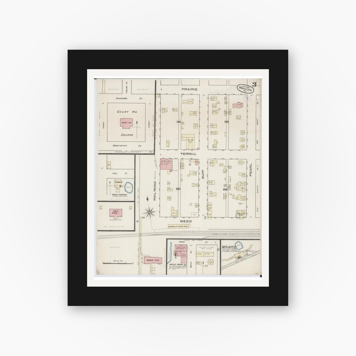 Old map wall art mockup — black gallery frame with white mat — Sanborn Fire Insurance Map from Macon, Macon County, Missouri (1885), Sheet #0003