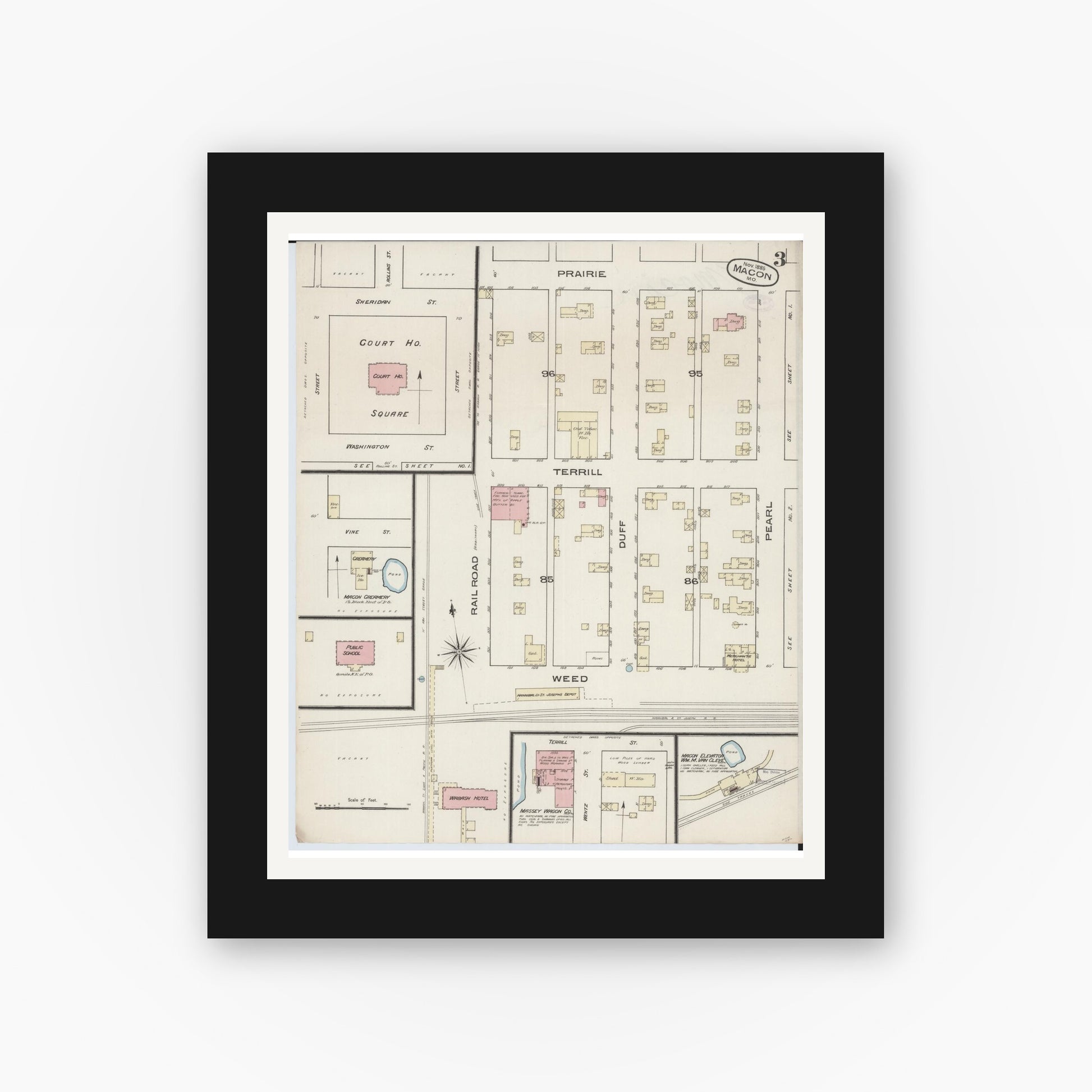 Old map wall art mockup — black gallery frame with white mat — Sanborn Fire Insurance Map from Macon, Macon County, Missouri (1885), Sheet #0003