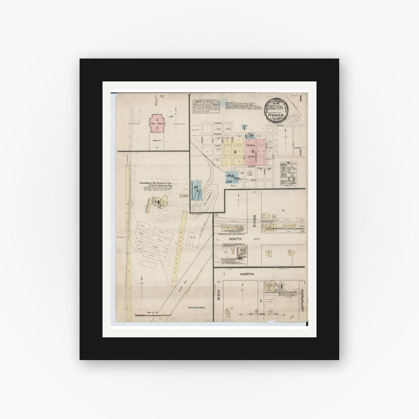 Old map wall art mockup — black gallery frame with white mat — Sanborn Fire Insurance Map from Ithaca, Gratiot County, Michigan (1884) - Complete Map Set