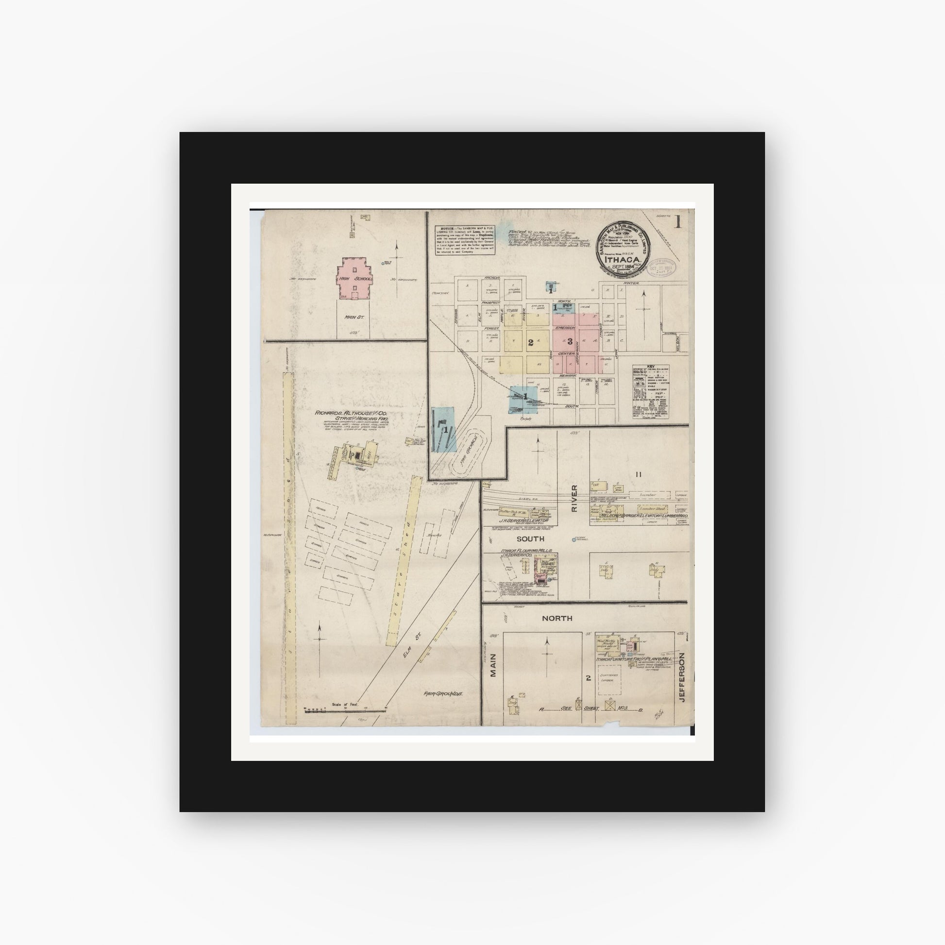 Old map wall art mockup — black gallery frame with white mat — Sanborn Fire Insurance Map from Ithaca, Gratiot County, Michigan (1884) - Complete Map Set
