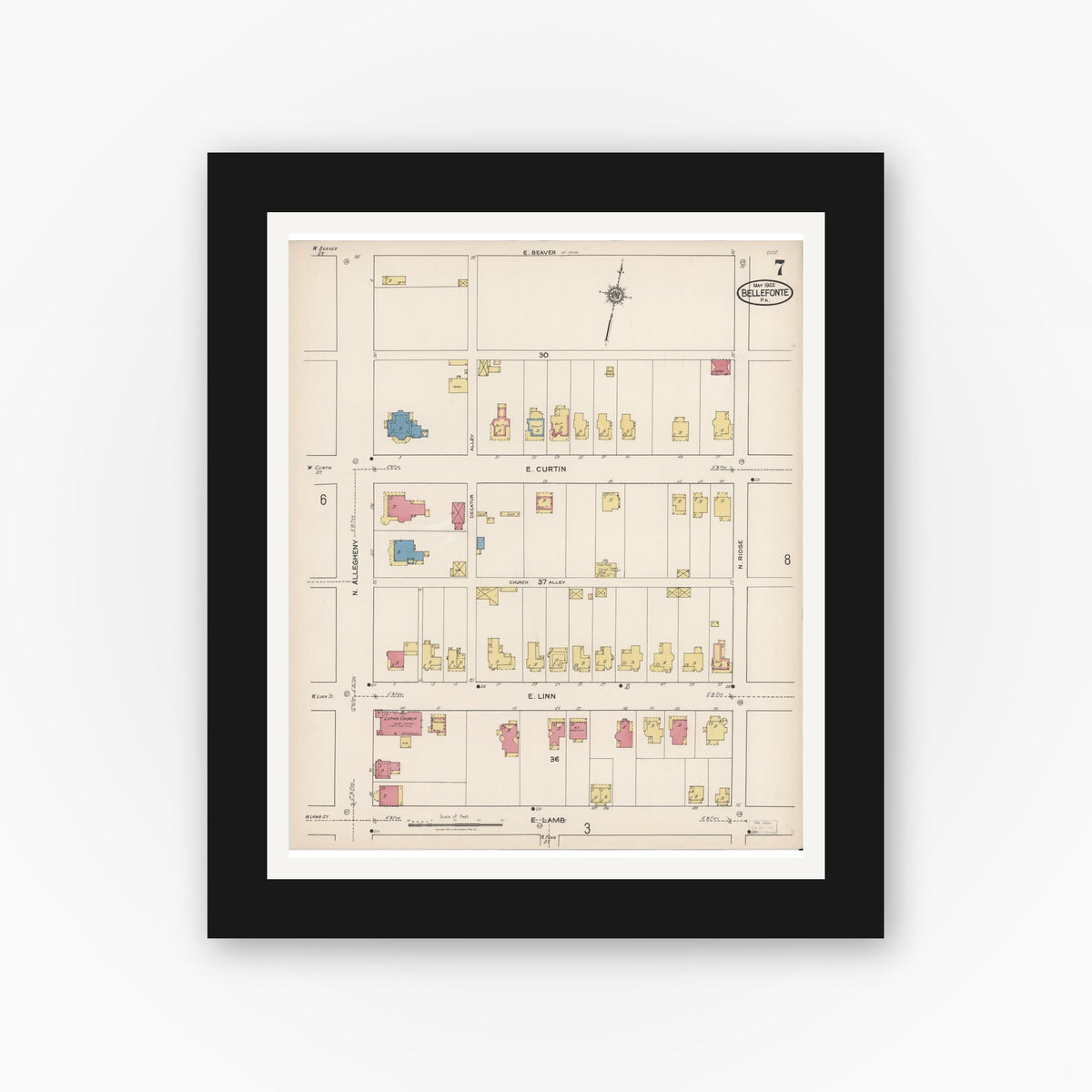 Old map wall art mockup — black gallery frame with white mat — Sanborn Fire Insurance Map from Bellefonte, Centre County, Pennsylvania (1922), Sheet #0007