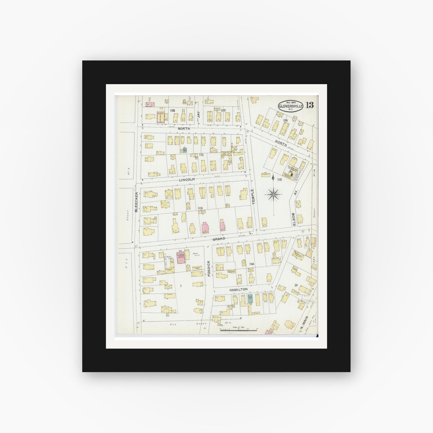 Old map wall art mockup — black gallery frame with white mat — Sanborn Fire Insurance Map from Gloversville, Fulton County, New York (1892), Sheet #0013