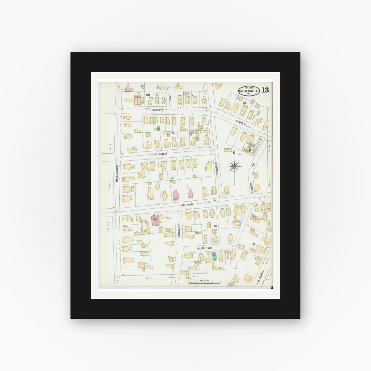 Old map wall art mockup — black gallery frame with white mat — Sanborn Fire Insurance Map from Gloversville, Fulton County, New York (1892), Sheet #0013