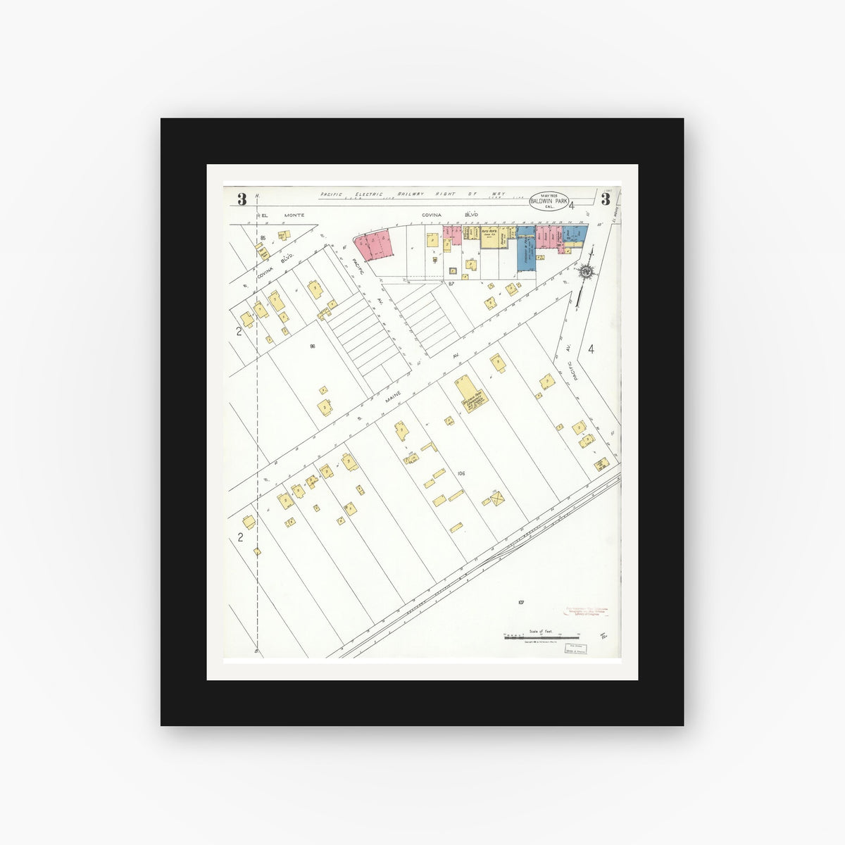 Old map wall art mockup — black gallery frame with white mat — Sanborn Fire Insurance Map from Baldwin Park, Los Angeles County, California (1925), Sheet #0003