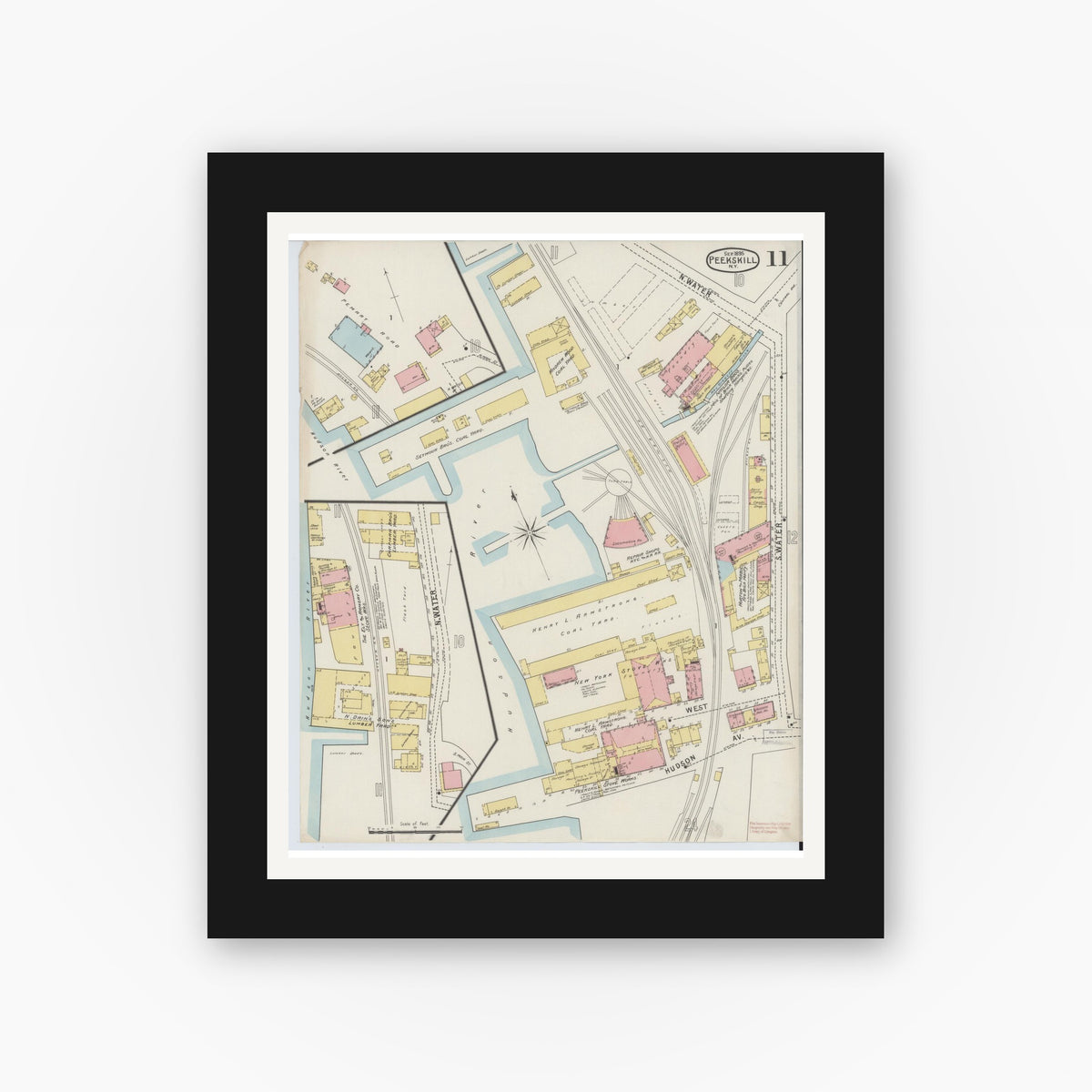 Old map wall art mockup — black gallery frame with white mat — Sanborn Fire Insurance Map from Peekskill, Westchester County, New York (1895), Sheet #0011