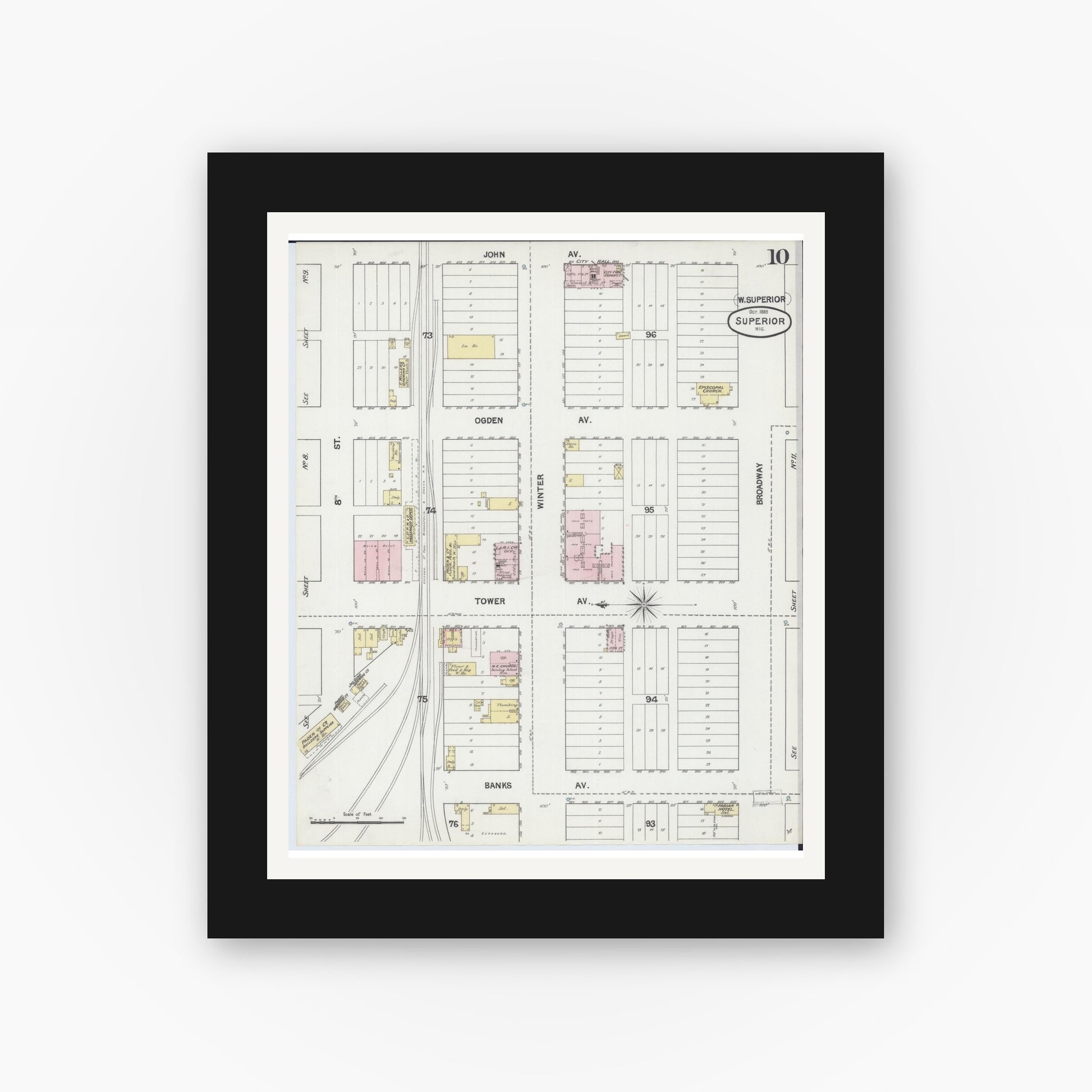 Old map wall art mockup — black gallery frame with white mat — Sanborn Fire Insurance Map from Superior, Douglas County, Wisconsin (1889), Sheet #0010