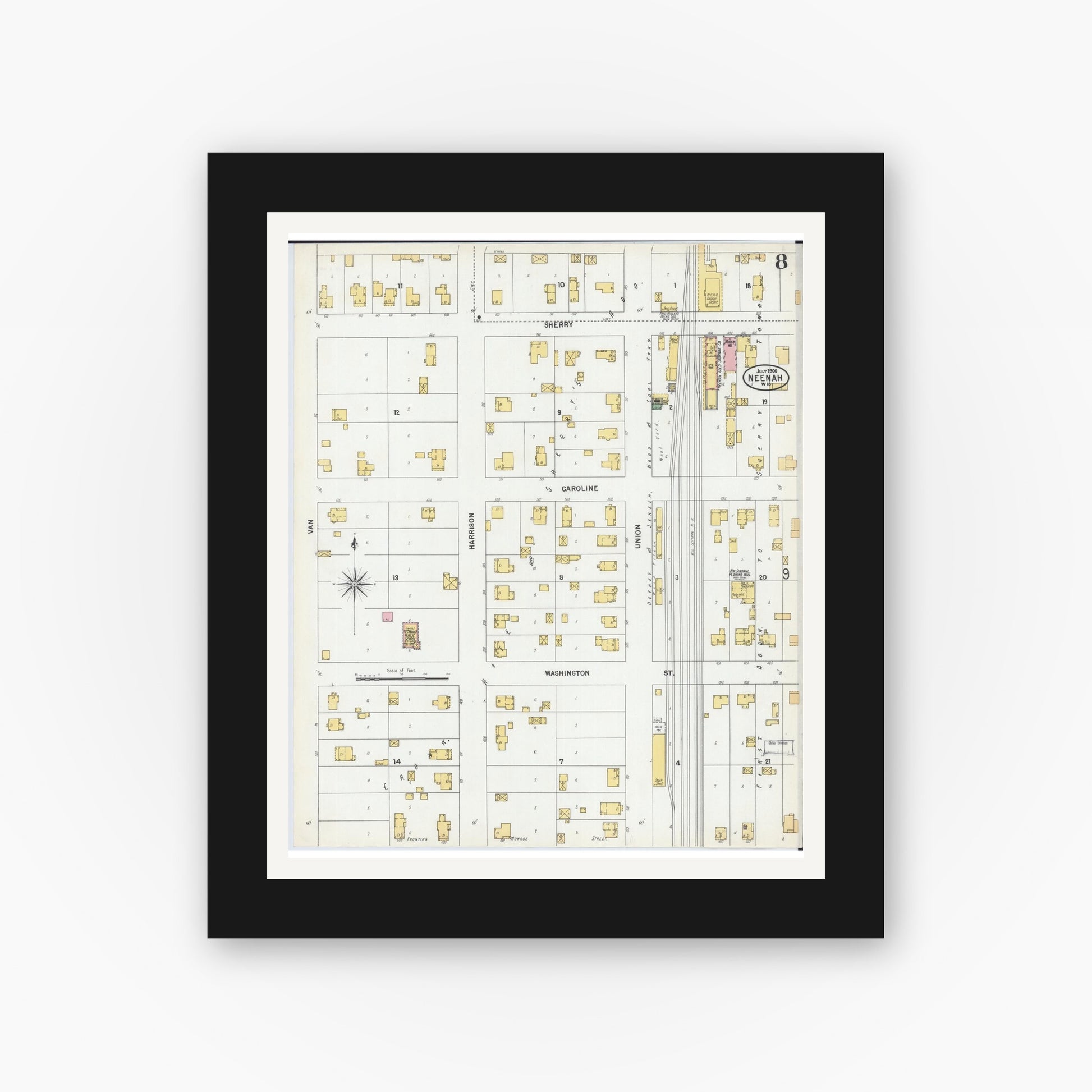 Old map wall art mockup — black gallery frame with white mat — Sanborn Fire Insurance Map from Neenah, Winnebago County, Wisconsin (1900), Sheet #0008