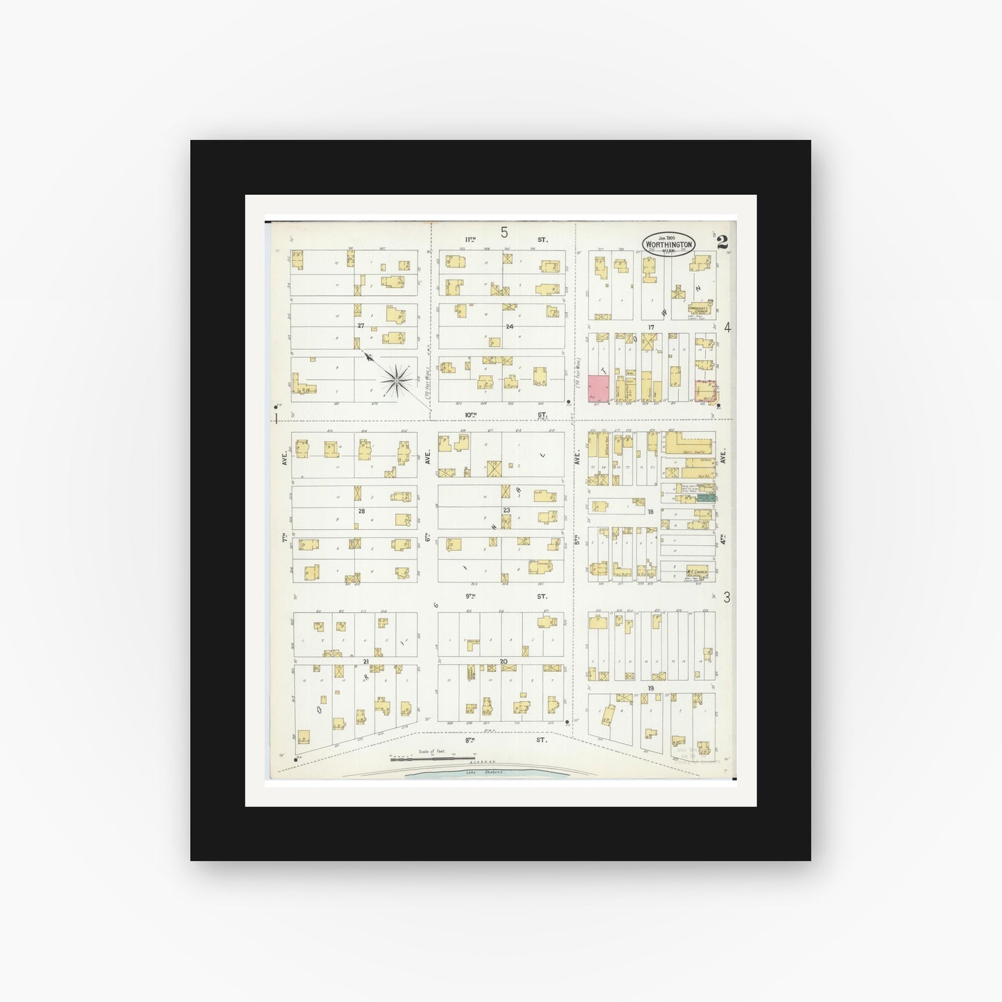 Old map wall art mockup — black gallery frame with white mat — Sanborn Fire Insurance Map from Worthington, Nobles County, Minnesota (1900), Sheet #0002