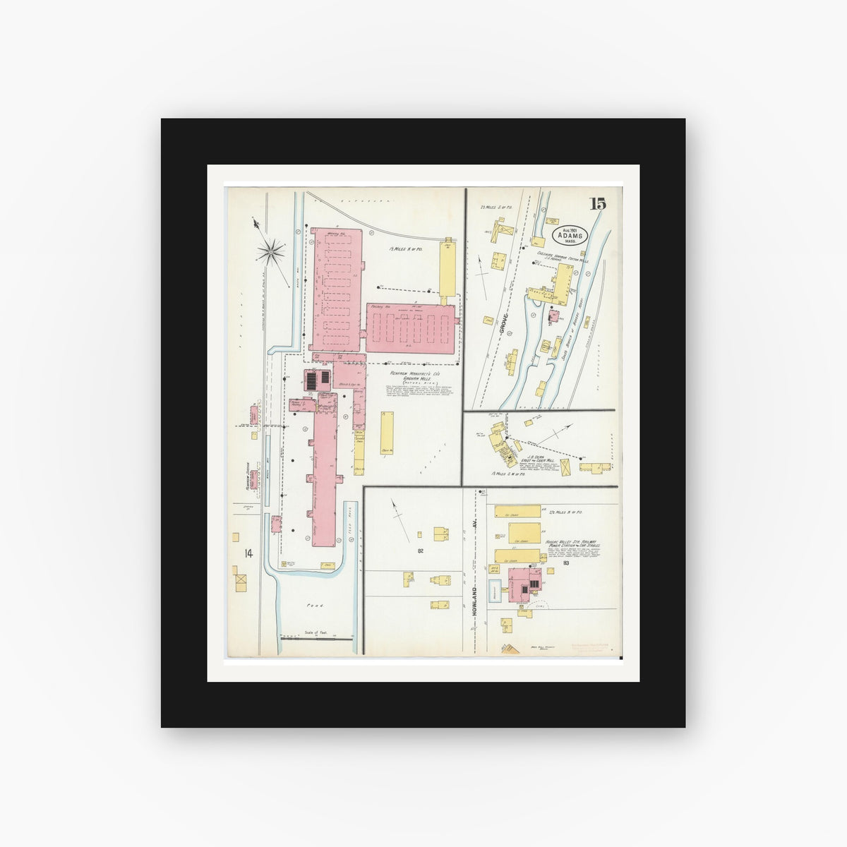 Old map wall art mockup — black gallery frame with white mat — Sanborn Fire Insurance Map from Adams, Berkshire County, Massachusetts (1901), Sheet #0015
