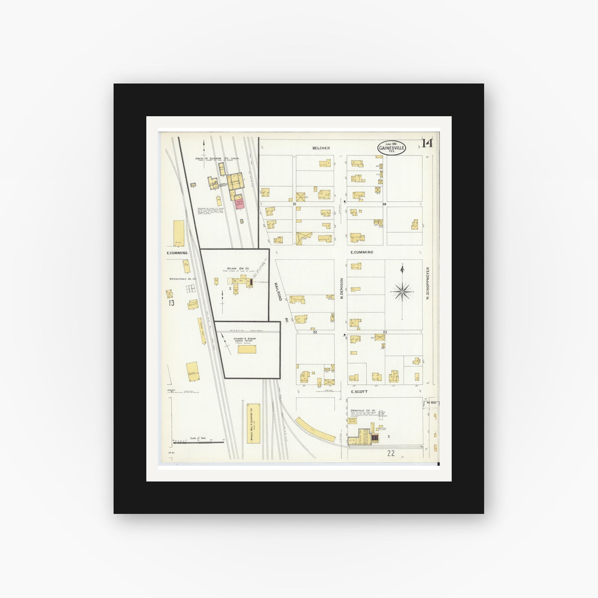 Old map wall art mockup — black gallery frame with white mat — Sanborn Fire Insurance Map from Gainesville, Cooke County, Texas (1908), Sheet #0014