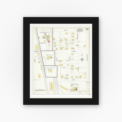 Old map wall art mockup — black gallery frame with white mat — Sanborn Fire Insurance Map from Gainesville, Cooke County, Texas (1908), Sheet #0014