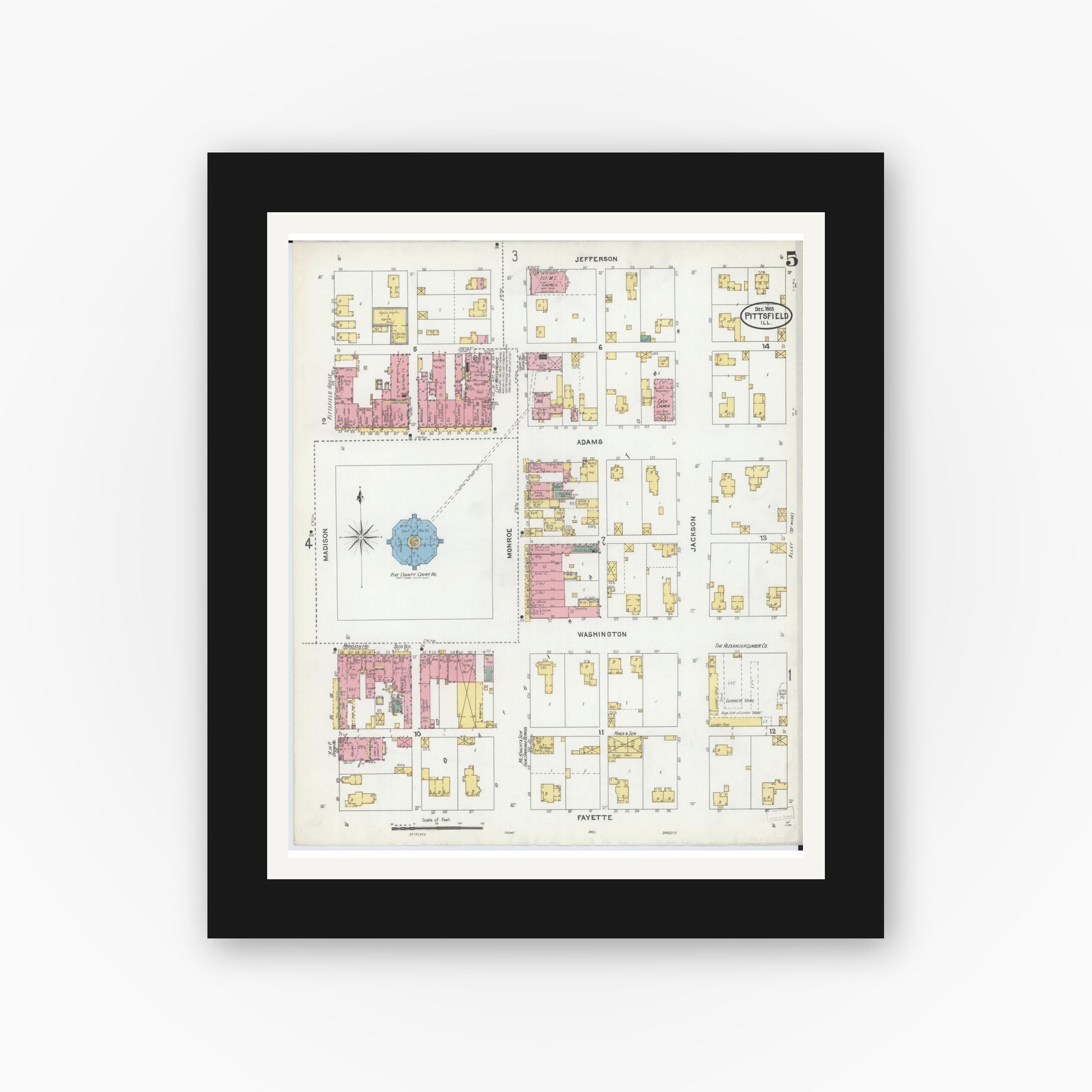 Old map wall art mockup — black gallery frame with white mat — Sanborn Fire Insurance Map from Pittsfield, Pike County, Illinois (1905), Sheet #0005